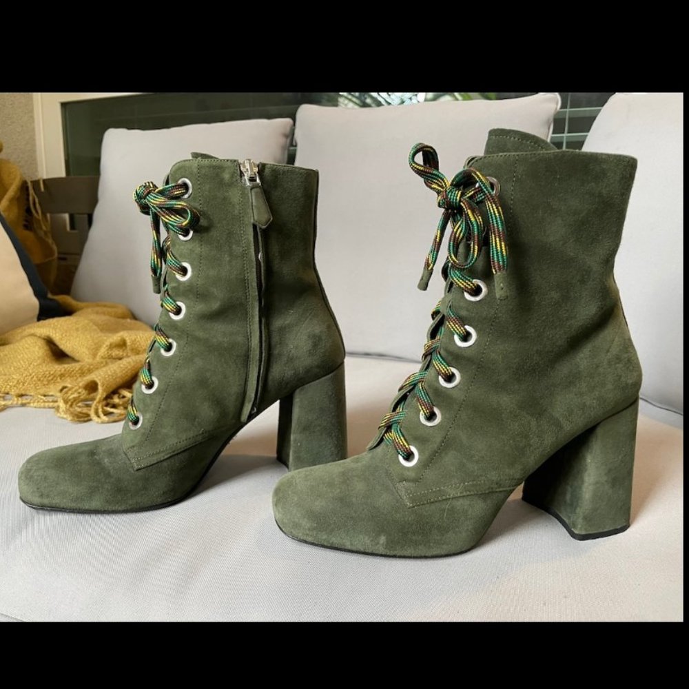 Prada Military Green Suede Lace-up Ankle Booties